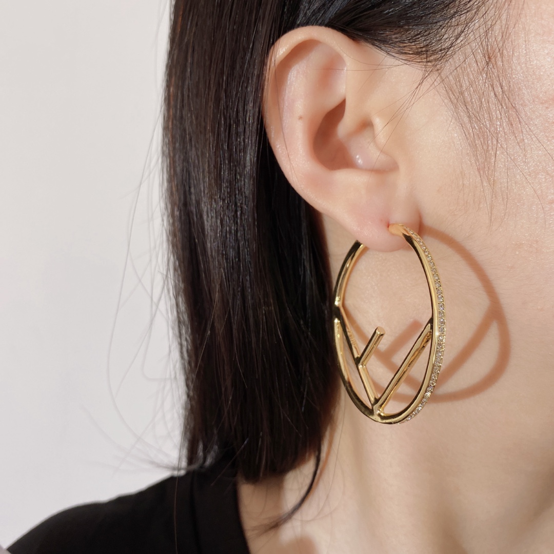 FDE002 F Is fendi hoop earrings large in gold finish metal and crystal - ccjewelryacc