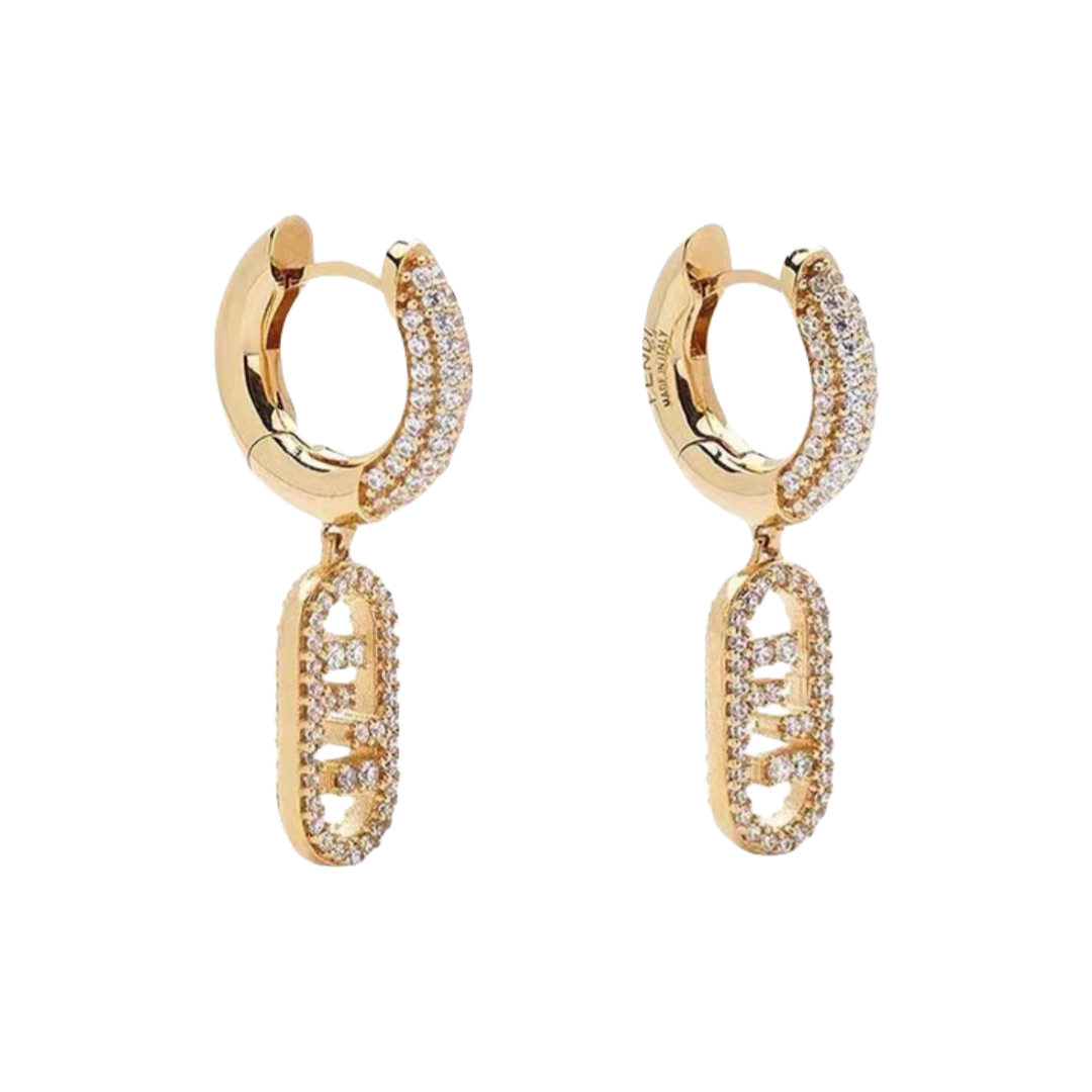FDE025 Fendi FF crystal hoop earrings in metal gold finish - ccjewelryacc
