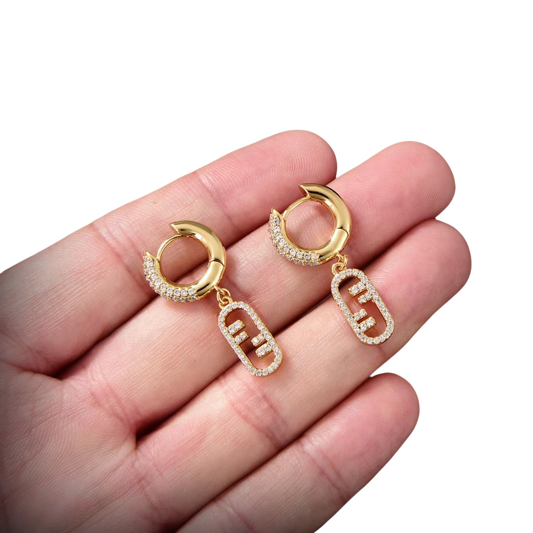 FDE025 Fendi FF crystal hoop earrings in metal gold finish - ccjewelryacc