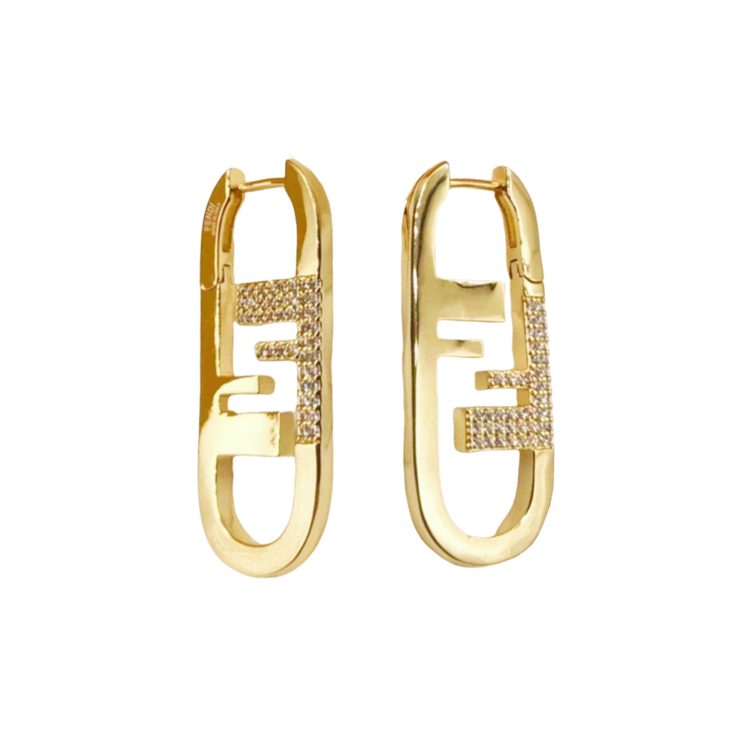 FDE015 Fendi O'Lock Hoop Earrings in metal gold finish and crystal - ccjewelryacc