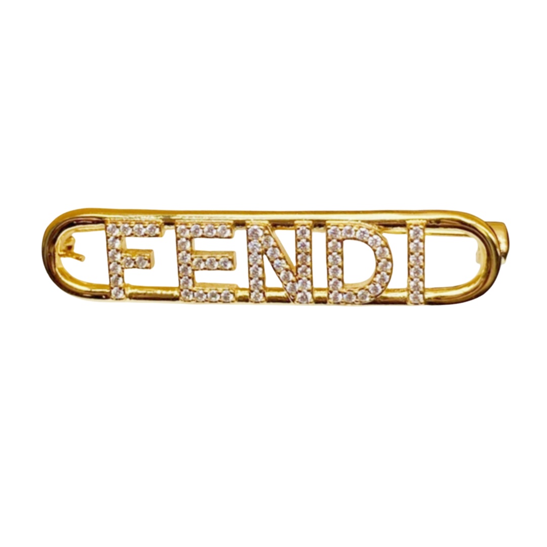 FDB003 Metal and crystal Fendi Logo detail brooch - ccjewelryacc