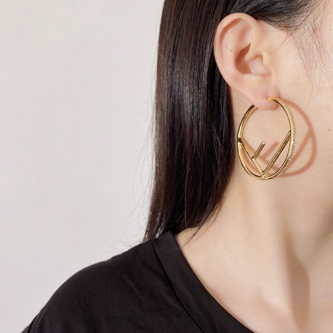 FDE002 F Is fendi hoop earrings large in gold finish metal and crystal - ccjewelryacc