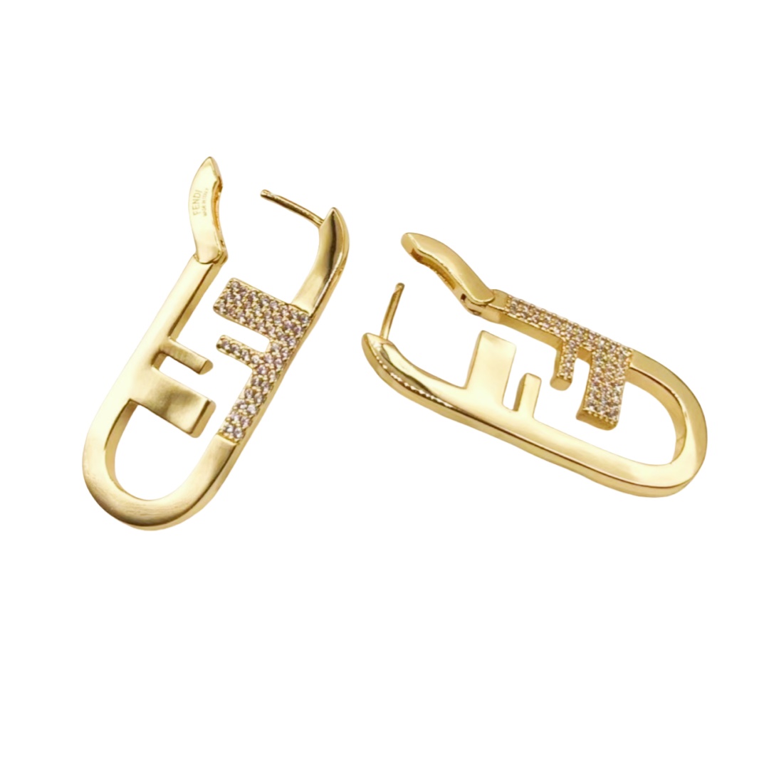 FDE015 Fendi O'Lock Hoop Earrings in metal gold finish and crystal - ccjewelryacc