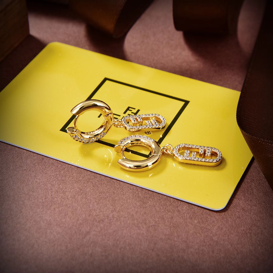 FDE025 Fendi FF crystal hoop earrings in metal gold finish - ccjewelryacc