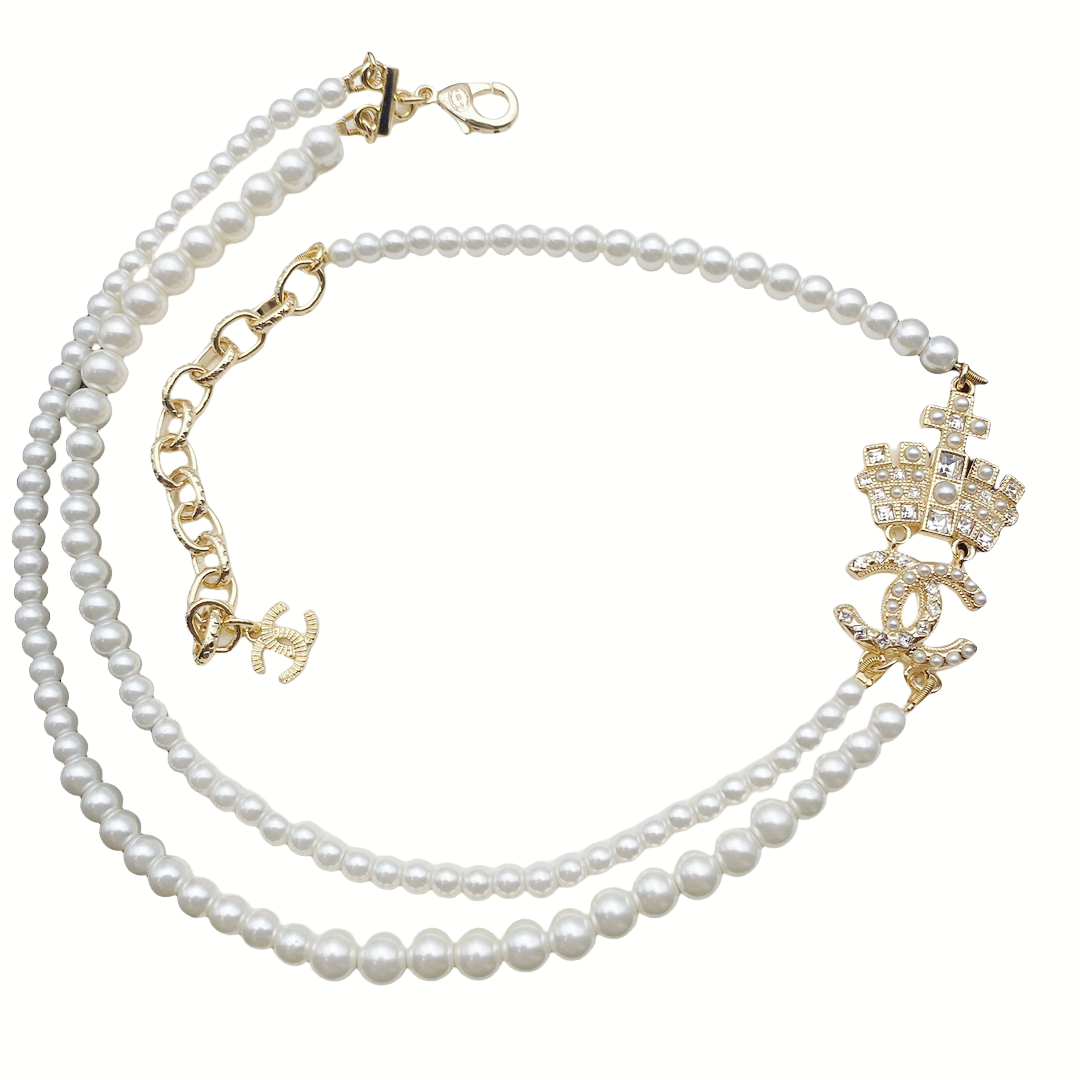 CCE180 Chanel crystal pearl crown drop earrings and necklace - ccfashionjewelry