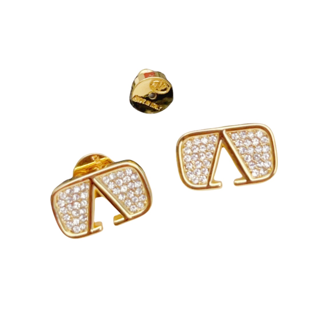 VTE013 Valentino Garavani Gold VLogo Signature stud Earrings in metal and crystal - ccjewelryacc