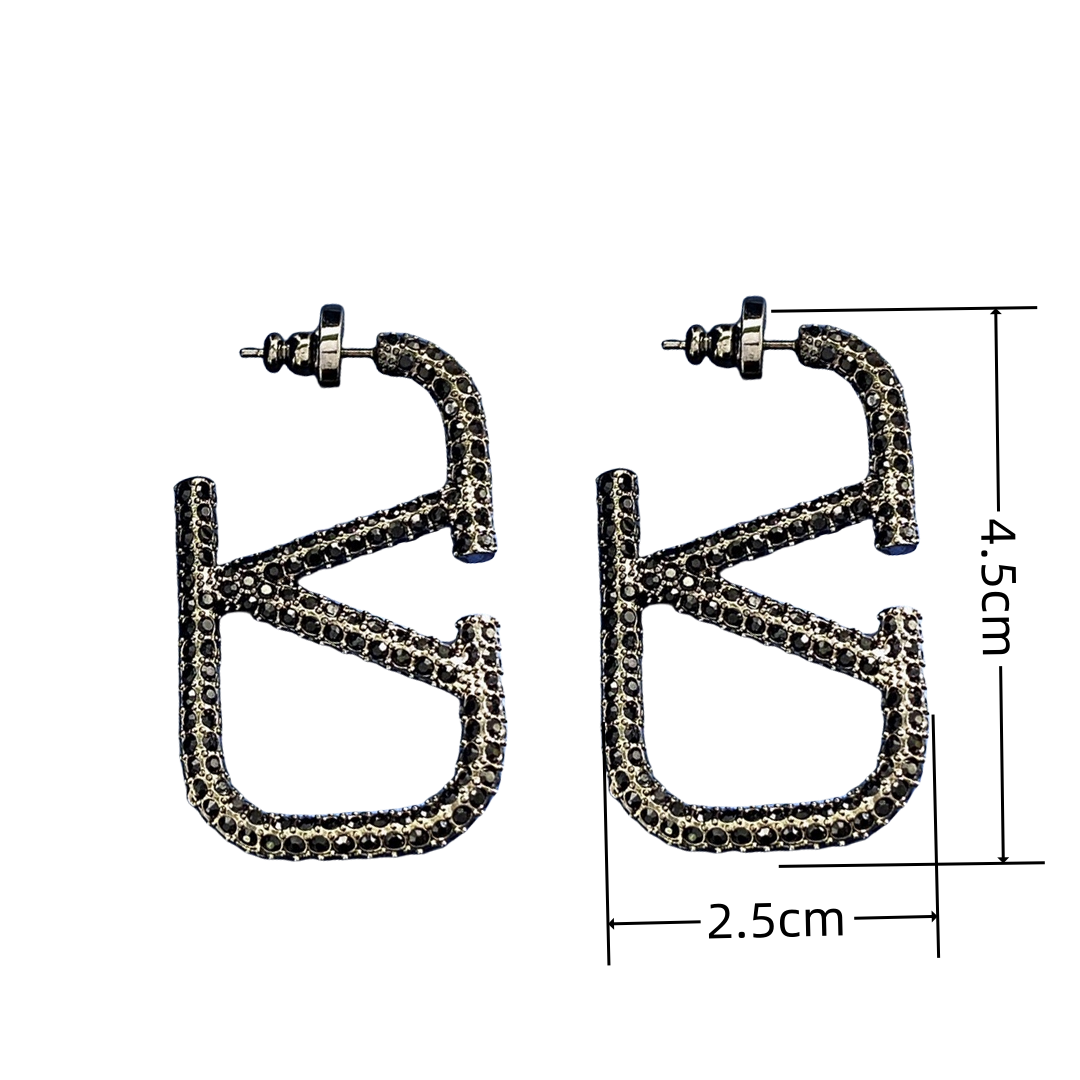 VTE010 Valentino Garavani Vlogo Signature Earrings in Metal Black Crystals - ccjewelryacc
