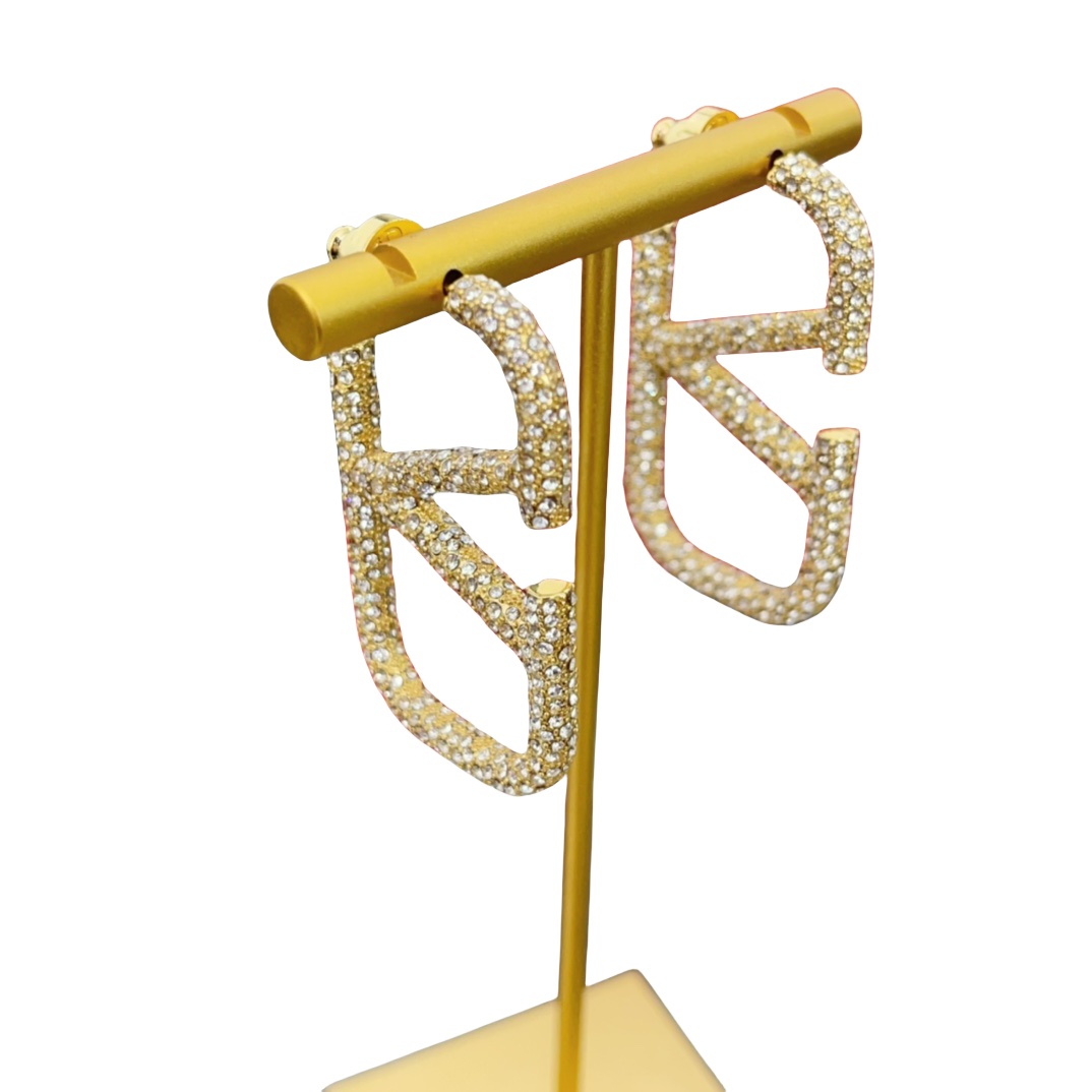 VTE022 Medium 4.5cm Valentino Garavani Gold VLogo Signature Earrings in metal and crystal - ccjewelryacc