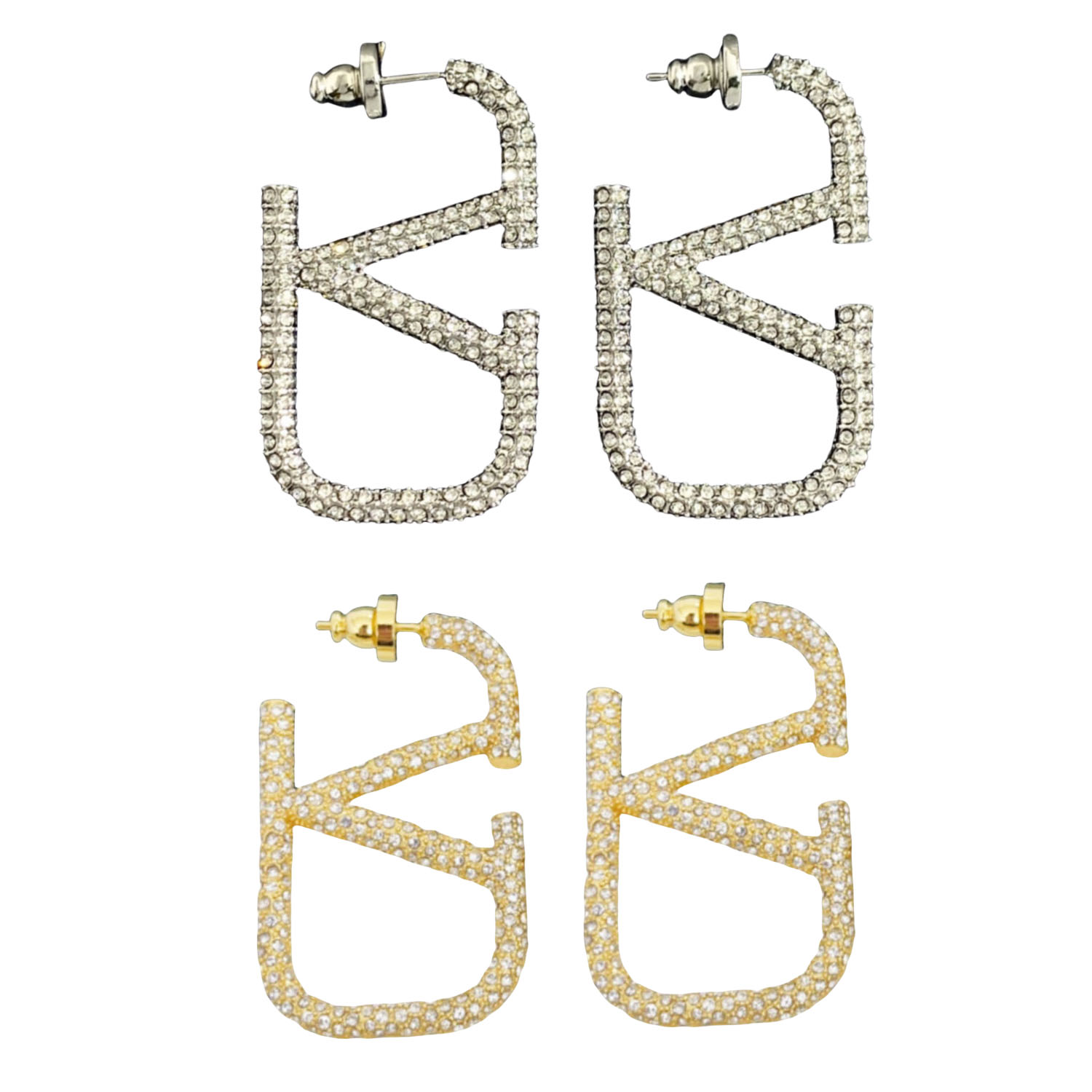 VTE022 Medium 4.5cm Valentino Garavani Gold VLogo Signature Earrings in metal and crystal - ccjewelryacc