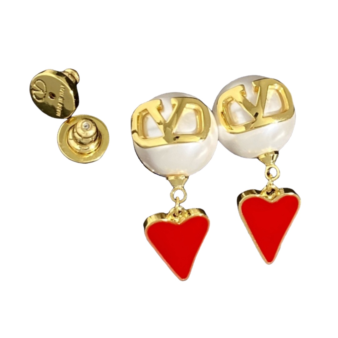 VTE014 Valentino Garavani Gold VLogo Signature Pearl Earrings with red heart pendant - ccjewelryacc