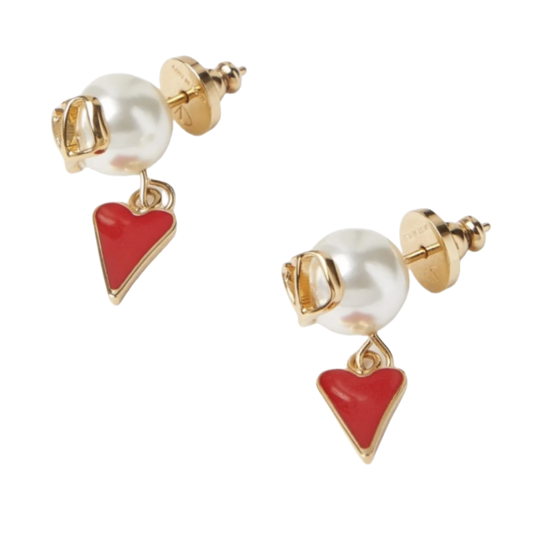 VTE014 Valentino Garavani Gold VLogo Signature Pearl Earrings with red heart pendant - ccjewelryacc