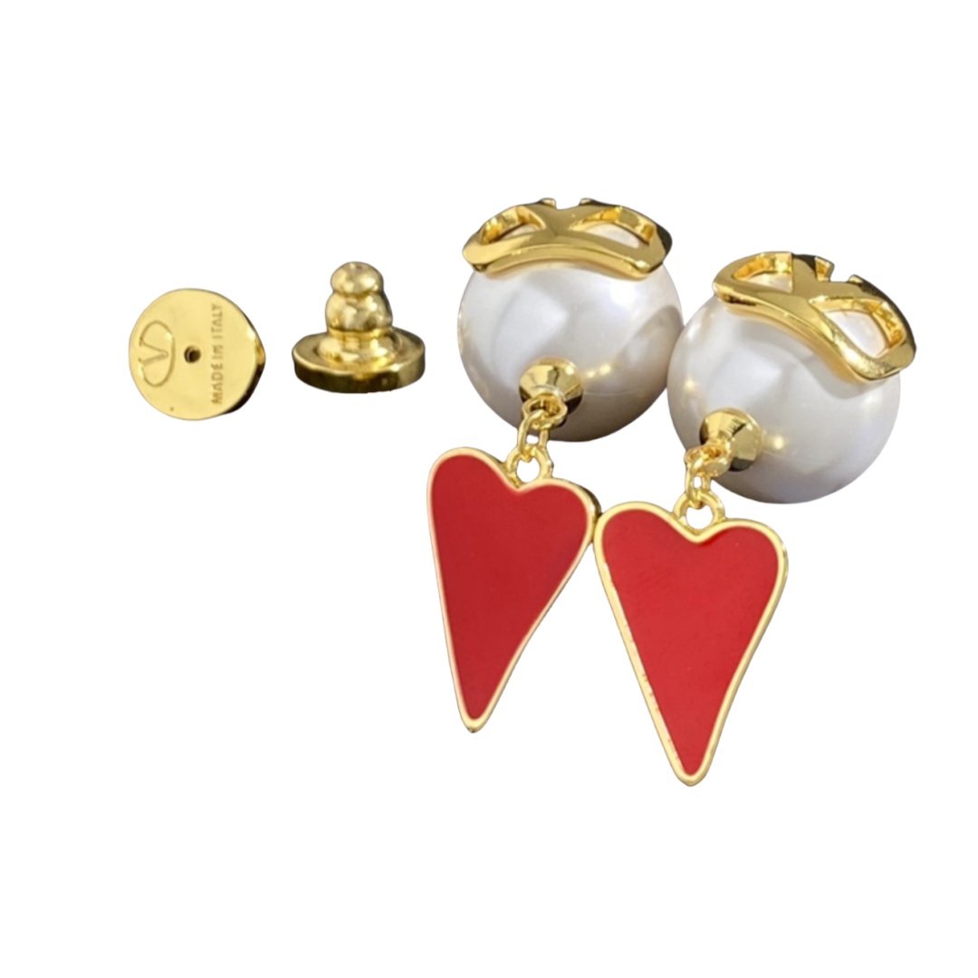 VTE014 Valentino Garavani Gold VLogo Signature Pearl Earrings with red heart pendant - ccjewelryacc