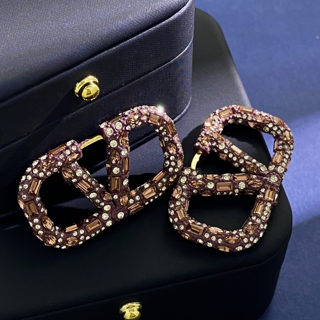 VTE038 Valentino Garavani Crystal-embellished Logo Hoop Earrings - ccjewelryacc