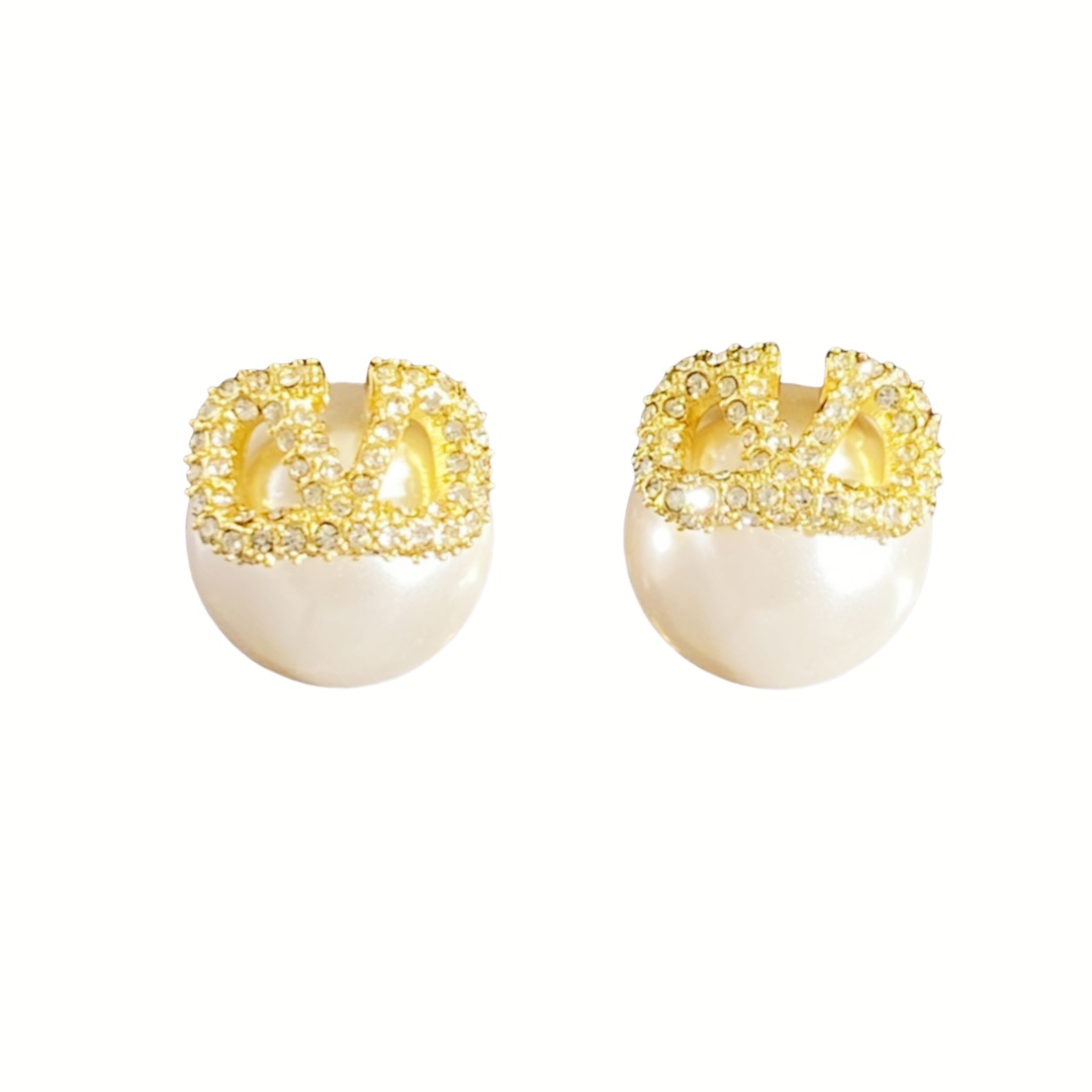 VTE077 valentino pearl stud earrings with crystal - ccjewelryacc
