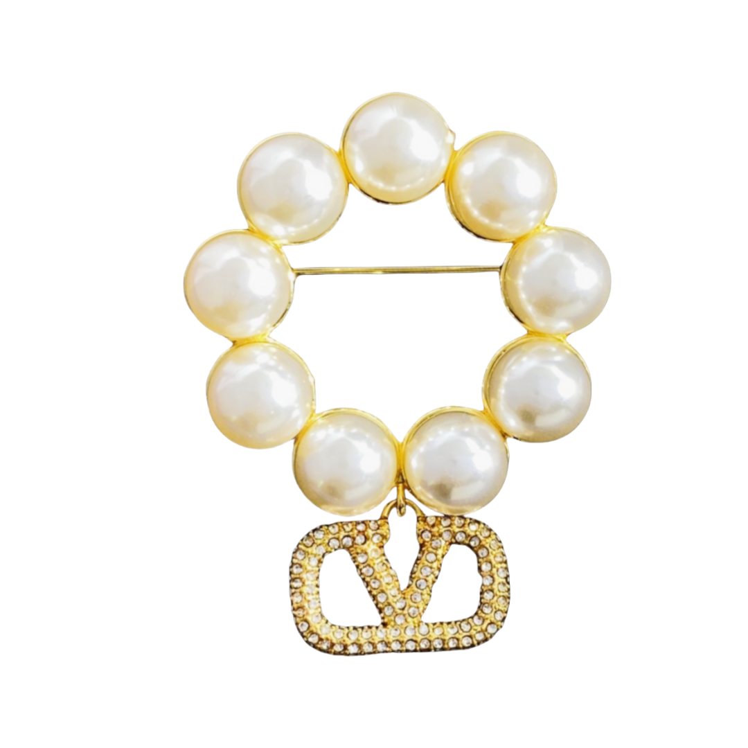 VTB004 Valentino Garavani VLogo Signature Metal Brooch with pearls - ccfashionjewelry