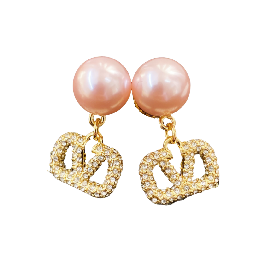 VTE059 Valentino v logo earrings in metal with pink pearl and crystal - ccjewelryacc