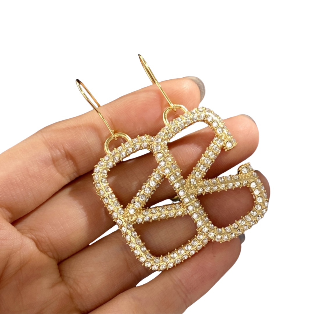 VTE073 Vlogo signature metal and crystal Hook earrings - ccjewelryacc