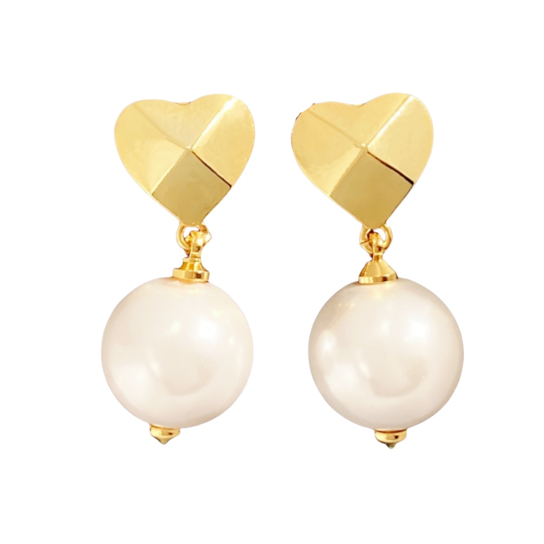 VTE092 Metal heart Rockstud pearl drop earrings - ccjewelryacc