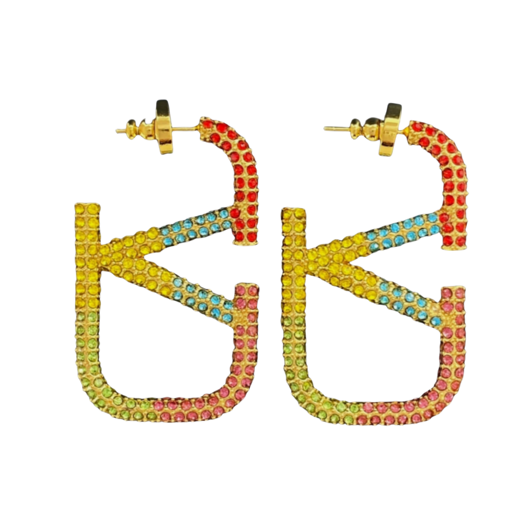 VTE119 4.5cm Colorfull crystal V Logo Earrings Large - ccfashionjewelry