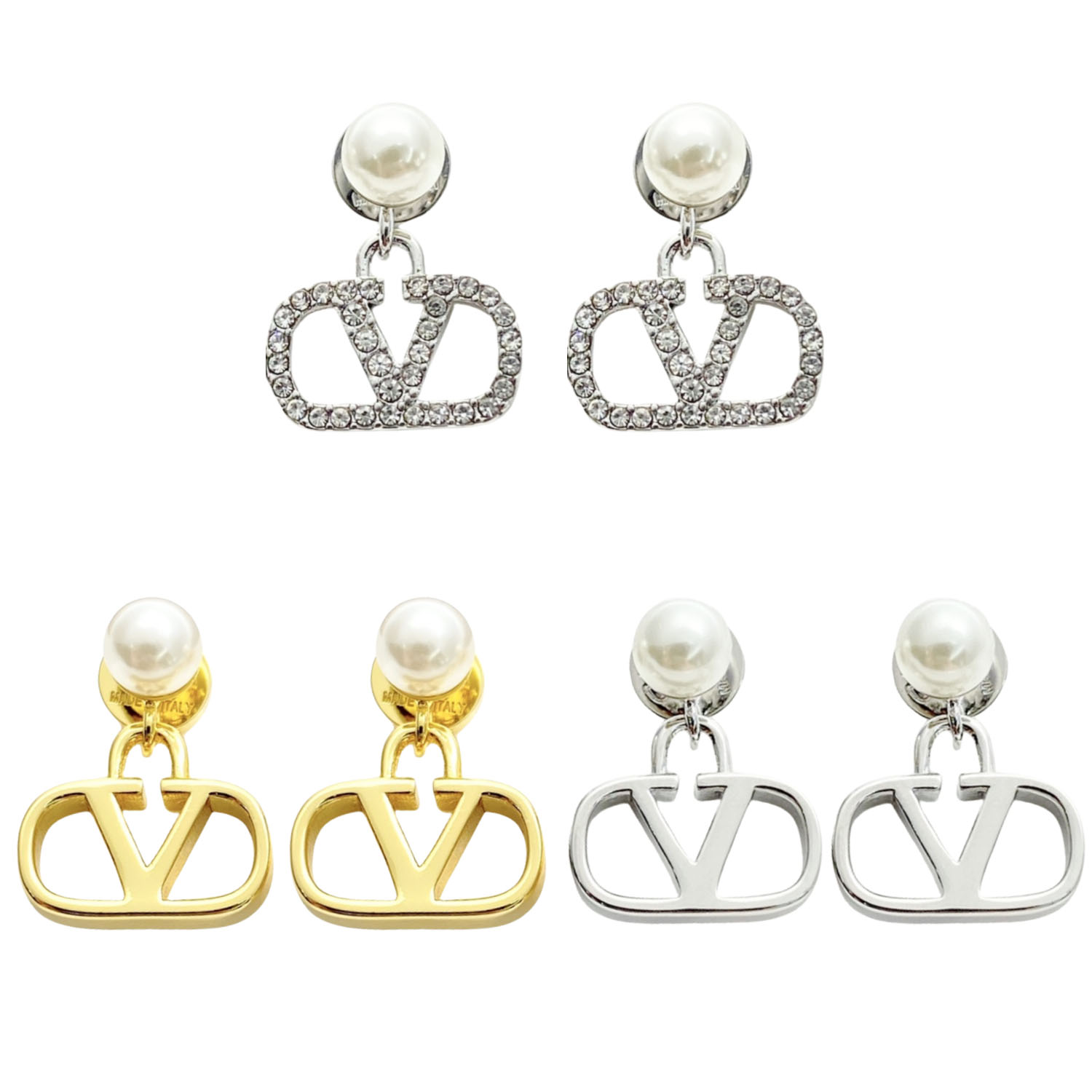 VTE116  Metal V Logo with pearl drop Earrings - ccjewelryacc