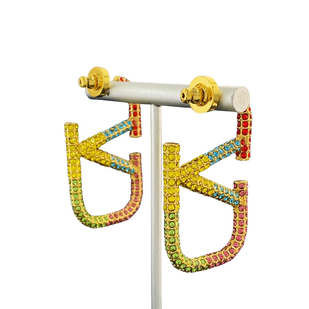VTE119 4.5cm Colorfull crystal V Logo Earrings Large - ccfashionjewelry