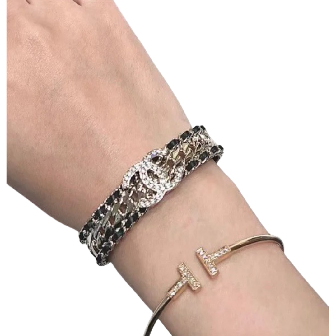 CCS104 Metal leather bangle with CC logo Bracelet cuff - ccjewelryacc