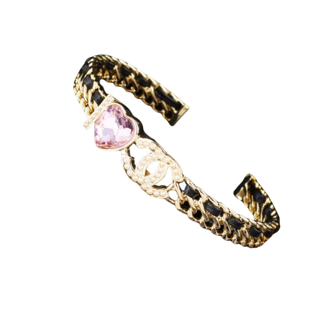 CCS150 Metal leather pink crystal heart and cc logo bangle bracelet - ccfashionjewelry