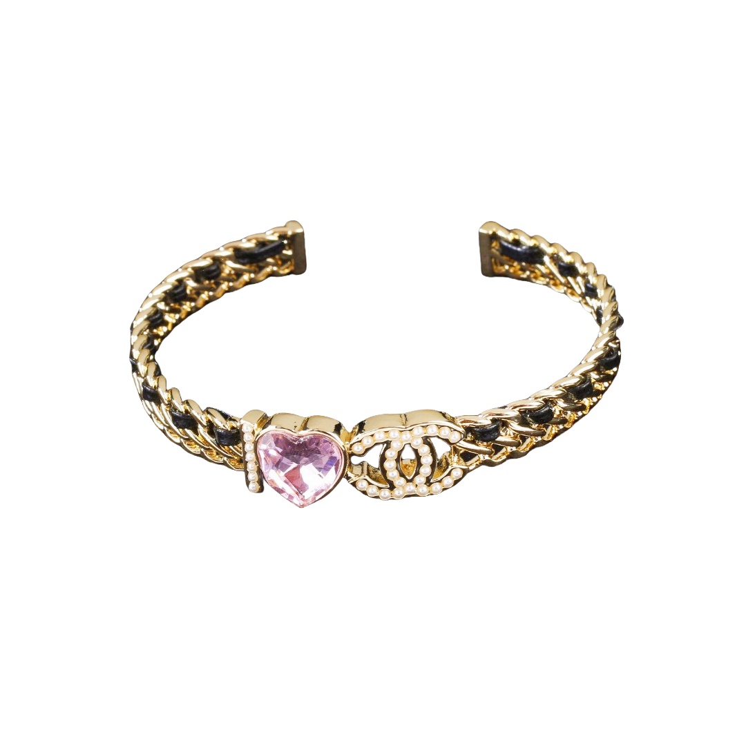 CCS150 Metal leather pink crystal heart and cc logo bangle bracelet - ccfashionjewelry