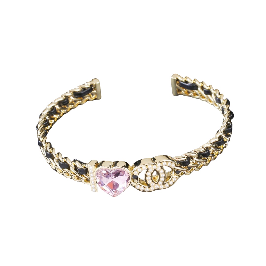 CCS150 Metal leather pink crystal heart and cc logo bangle bracelet - ccjewelryacc