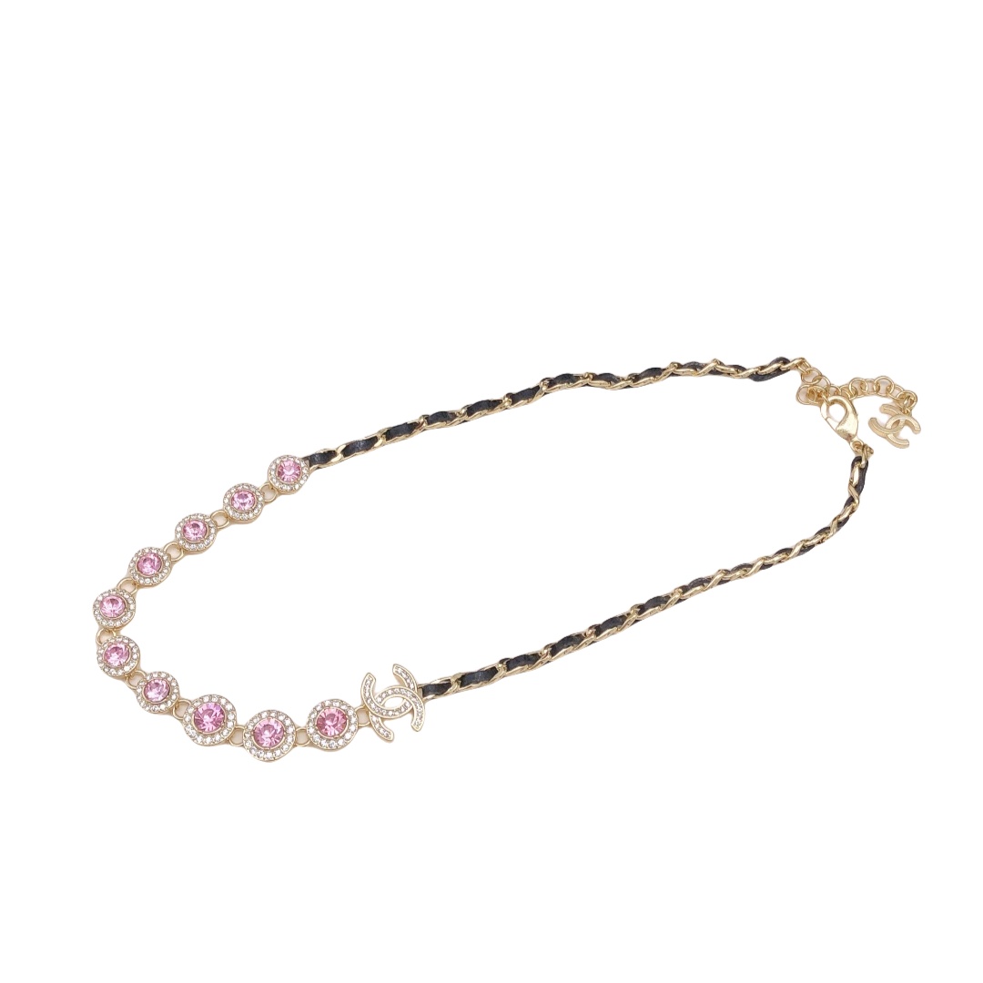 CCN120 Metal and leather chain with Pink crystal choker necklace - ccjewelryacc