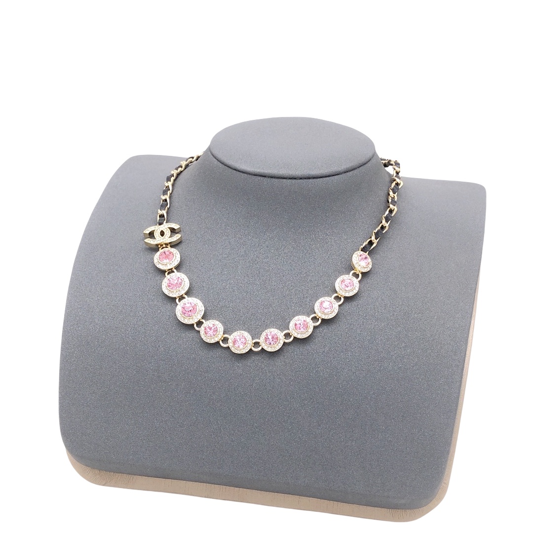 CCN120 Metal and leather chain with Pink crystal choker necklace - ccjewelryacc