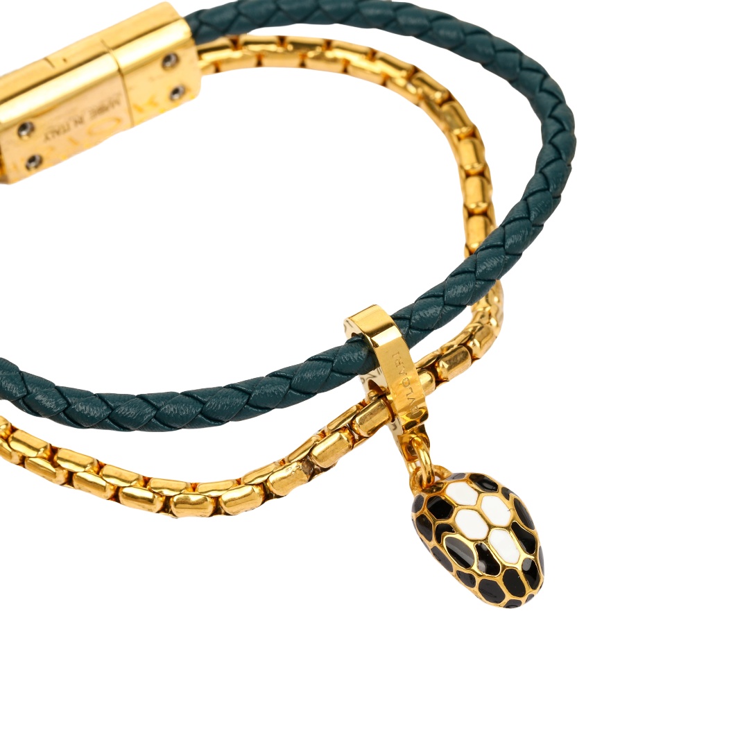 BGS014 18k gold Bvlgari Serpenti bracelet in metal chain and leather strap - ccjewelryacc