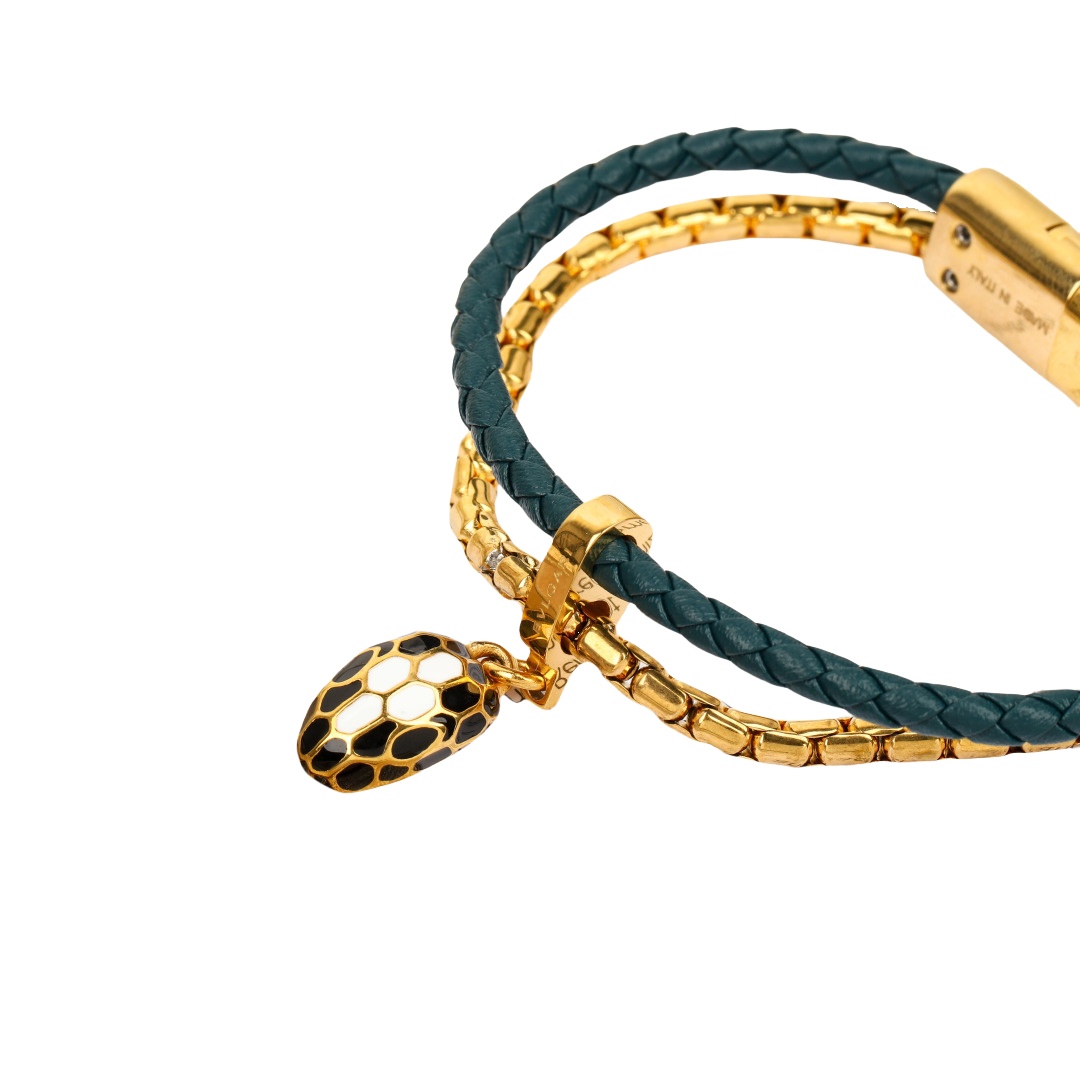 BGS014 18k gold Bvlgari Serpenti bracelet in metal chain and leather strap - ccjewelryacc