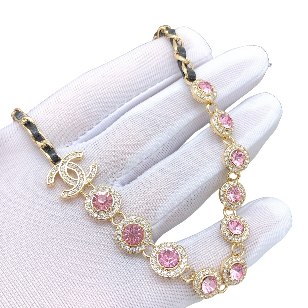 CCN120 Metal and leather chain with Pink crystal choker necklace - ccfashionjewelry