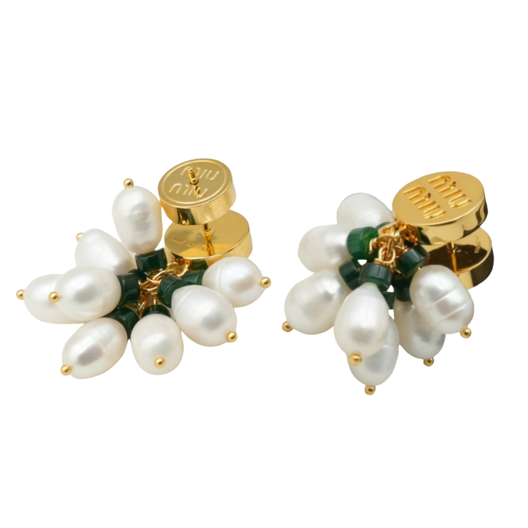MME004 MIUMIU Pearl grape earrings With green crystal - ccfashionjewelry