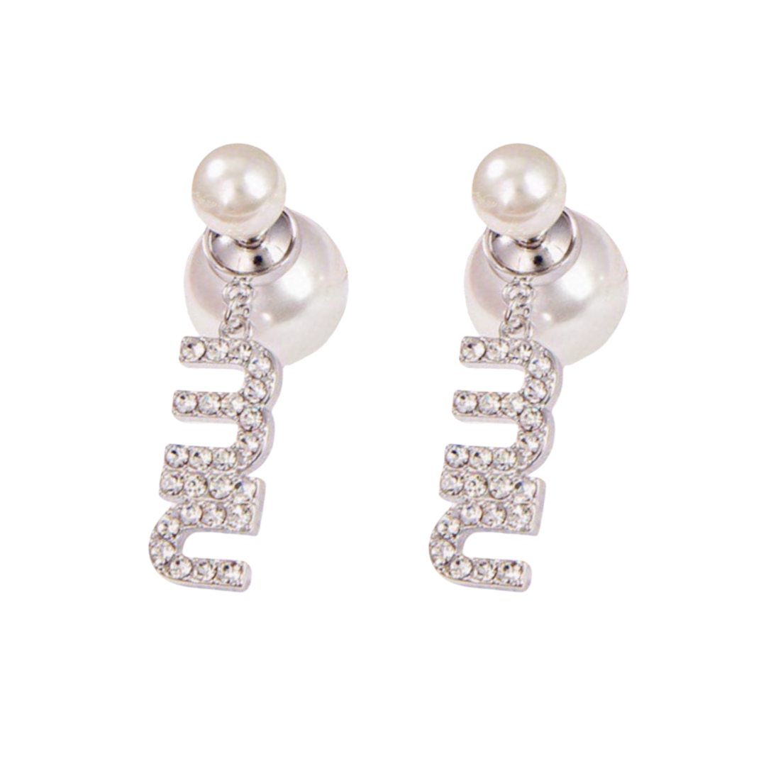 MME003 Crystal miumiu letter and pearl earrings - ccjewelryacc