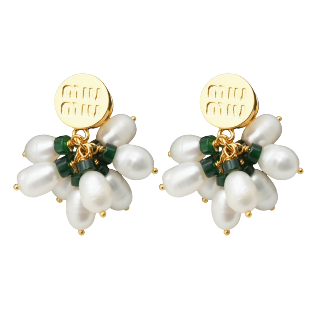 MME004 MIUMIU Pearl grape earrings With green crystal - ccfashionjewelry