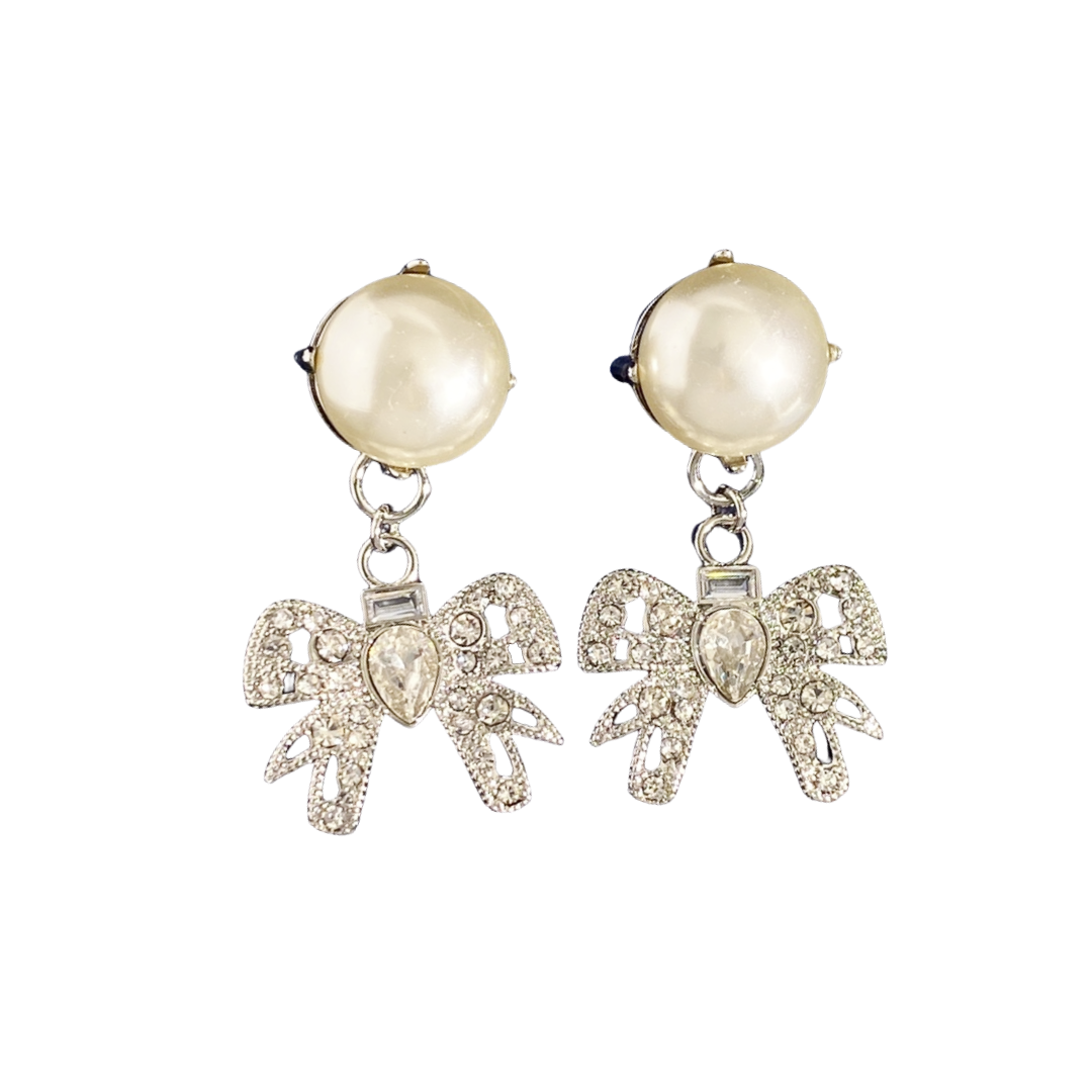 MME049 MIUMIU Pearl Rhinestone bow drop earrings - ccjewelryacc