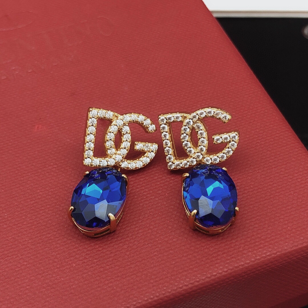 DGE041 Metal DG logo and Blue stone drop earring - ccjewelryacc