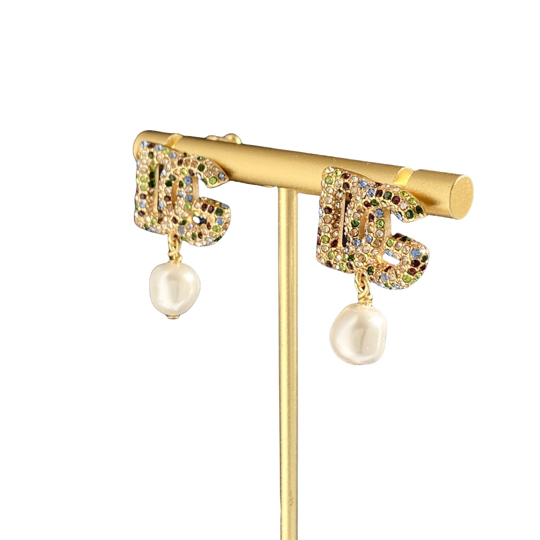 DGE031 Dolce and gabbana Baroque Colored crystal DG logo drop resin pearl earrings - ccjewelryacc