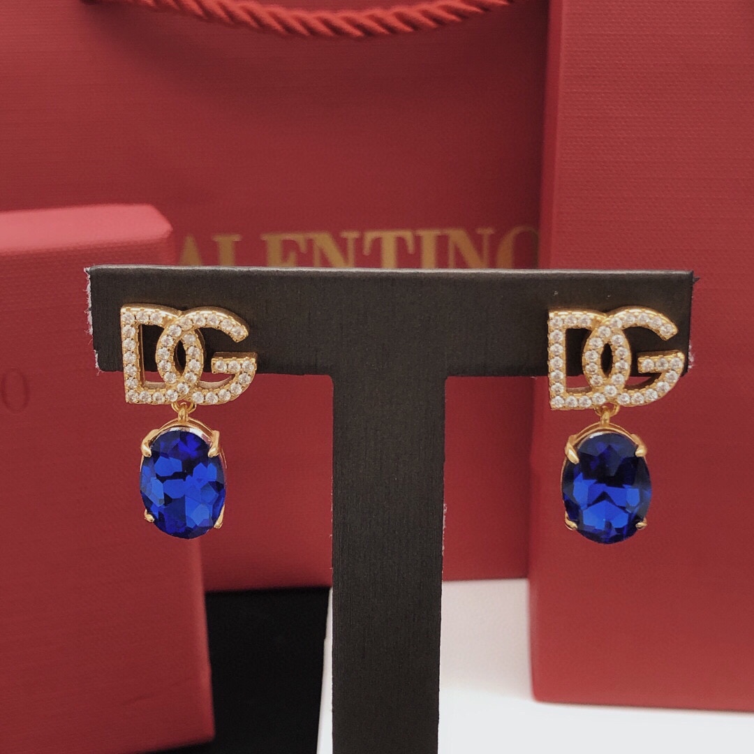 DGE041 Metal DG logo and Blue stone drop earring - ccjewelryacc