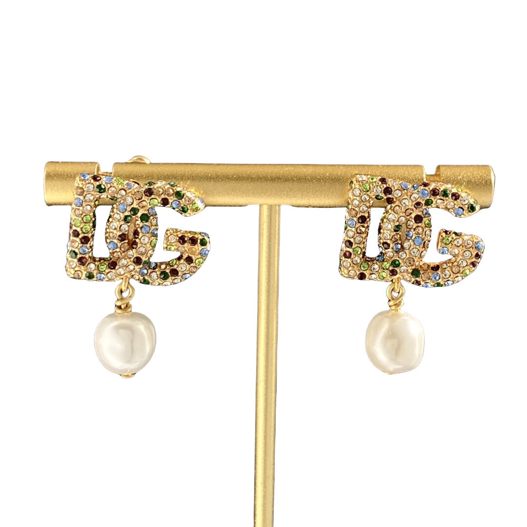 DGE031 Dolce and gabbana Baroque Colored crystal DG logo drop resin pearl earrings - ccjewelryacc