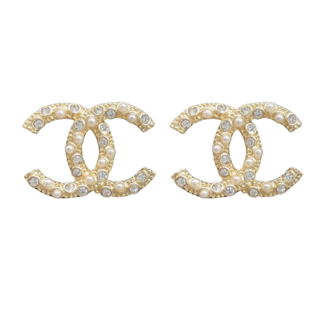 CCE144 Metal crystal pearl cc logo stud earrings - ccjewelryacc