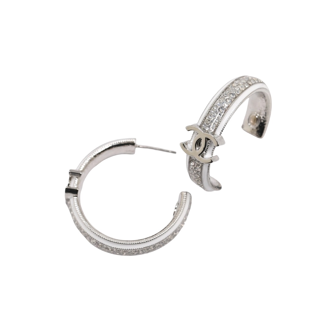 CCE130 White Gold and enamel crystal cc hoop earrings - ccjewelryacc