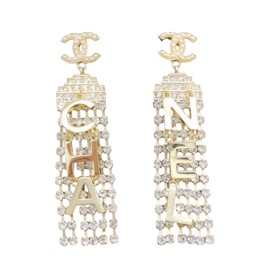 CCE822 Full crystal diamond CC tassels earrings - ccjewelryacc