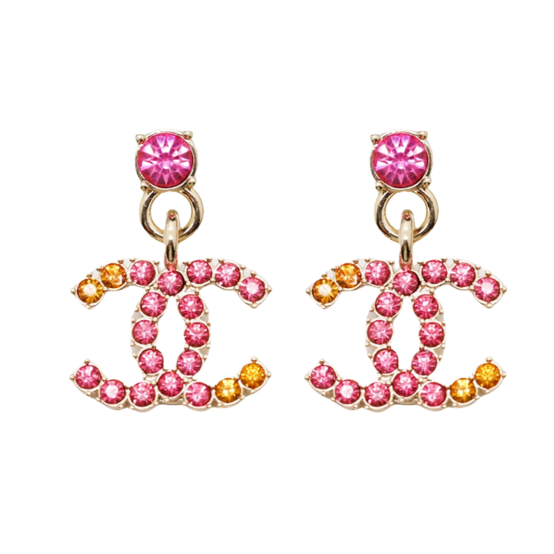 CCE450 Colored Pink crystal cc logo stud earrings - ccjewelryacc