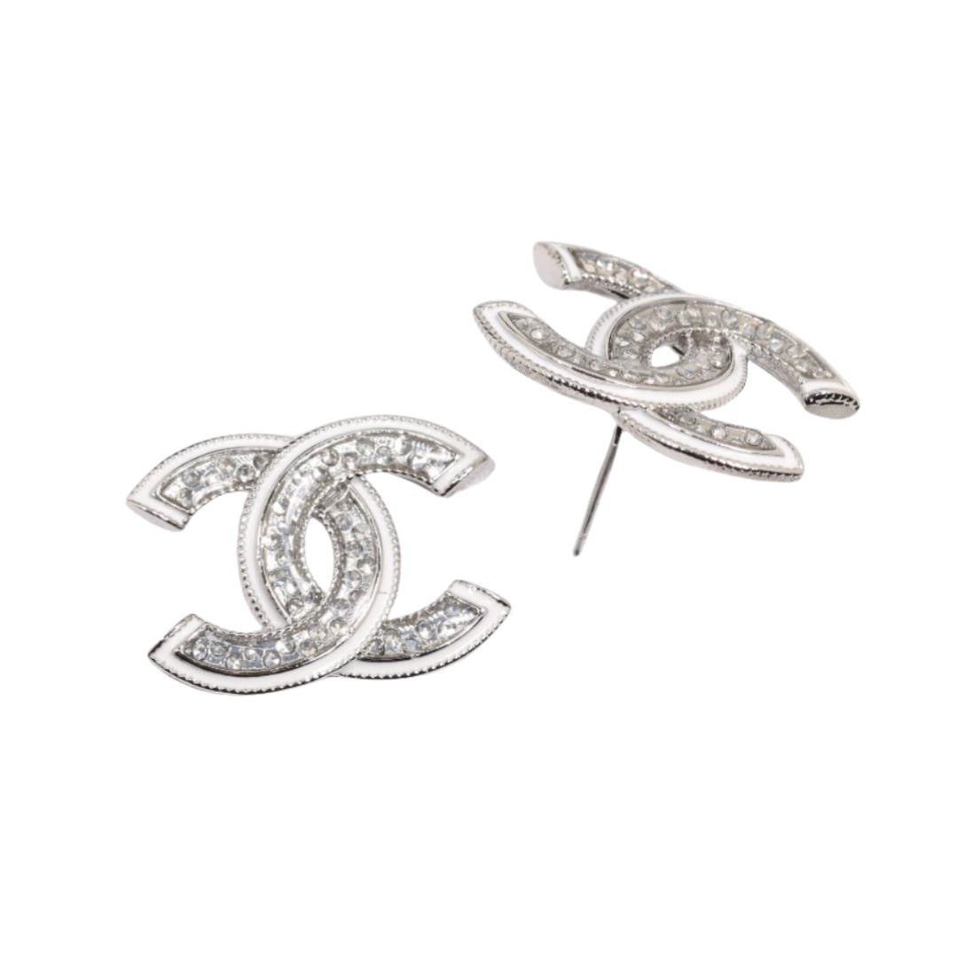 CCE122 White Gold enamel and crystal cc logo stud earrings - ccjewelryacc