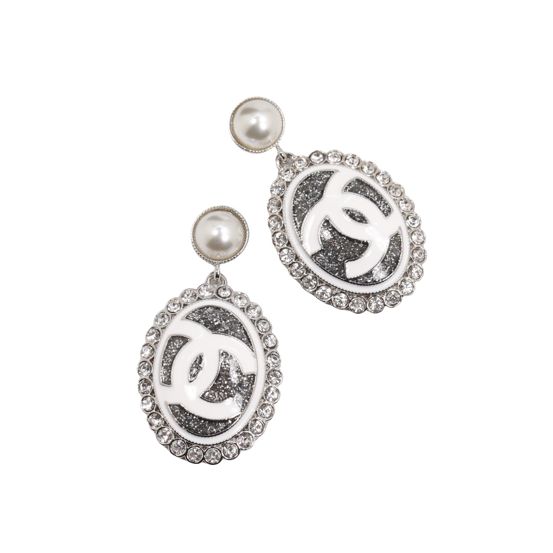 CCE132 White Gold oval enamel crystal flash powder drop earrings - ccjewelryacc