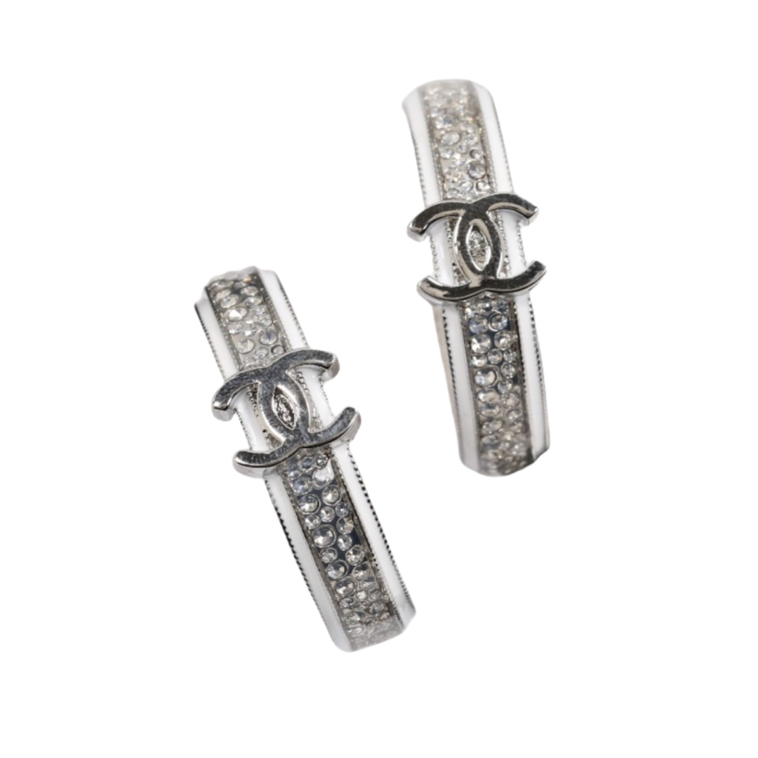 CCE130 White Gold and enamel crystal cc hoop earrings - ccjewelryacc