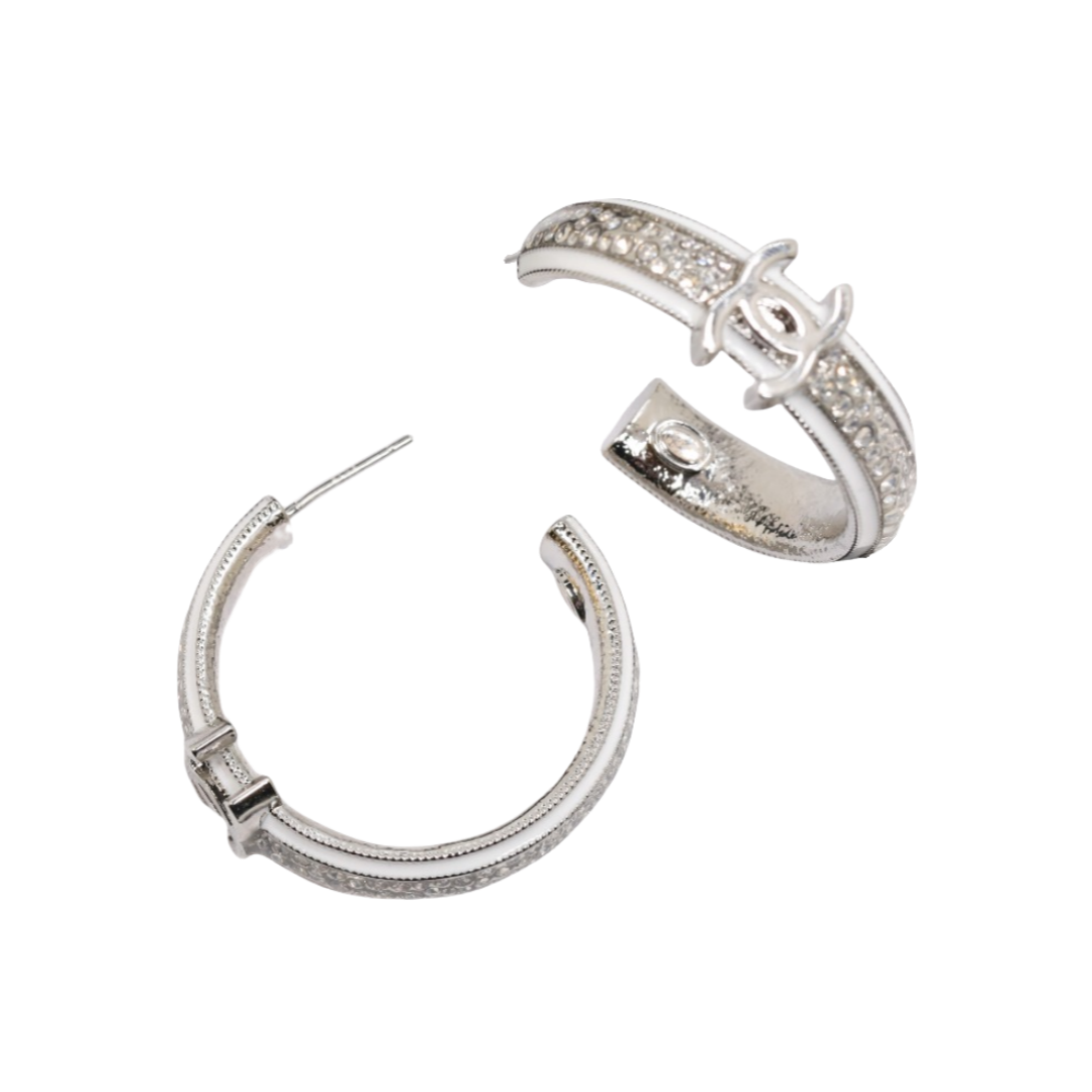 CCE130 White Gold and enamel crystal cc hoop earrings - ccjewelryacc